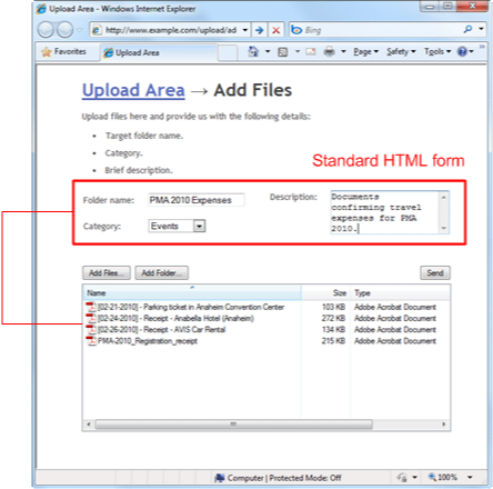 Aurigma's file uploader can send HTML forms during the file upload process.