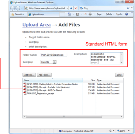 Aurigma's file uploader can send HTML forms during the file upload process. Aurigma's file uploader can send HTML forms during the file upload process.