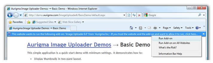 Information bar for ActiveX control installation in Internet Explorer 8.
