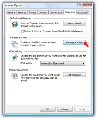 Menage add-ons button in IE7 options.