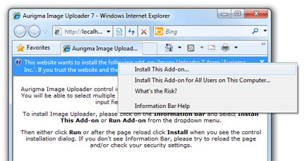 Information bar for add-on installation in Internet Explorer 8