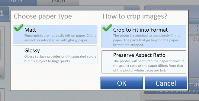 Paper Type and Crop dialog
