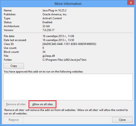 To allow the Java to run for all websites click the Allow on all sites button To allow the Java to run for all websites click the Allow on all sites button