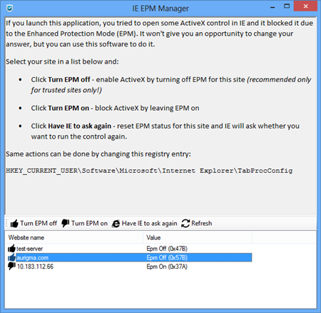 IE EPM Manager for websites IE EPM (Enhanced Protection Mode) Manager for websites