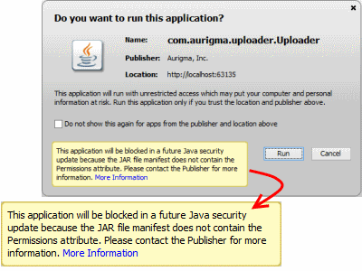 Additional message on the security dialog.