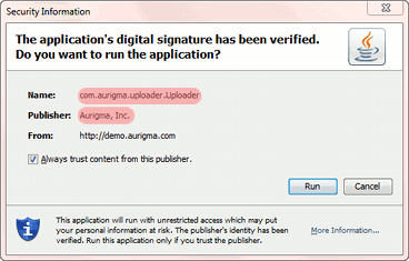 The company name on the Java security dialog. The company name on the Java security dialog.