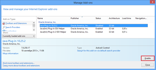 To open Manage Add-Ons, select the Java plug-in, click the Enable button To open Manage Add-Ons, select the Java plug-in, click the Enable button