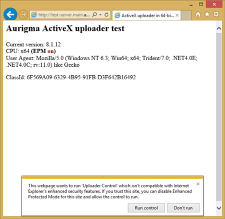This webpage wants to run ActiveX which isn't compatible with Internet Explorer's enhanced security features. If you trust this site, you can diable Enhanced Protection Mode for this site and allow the control to run. Windows 8.1 (IE11).